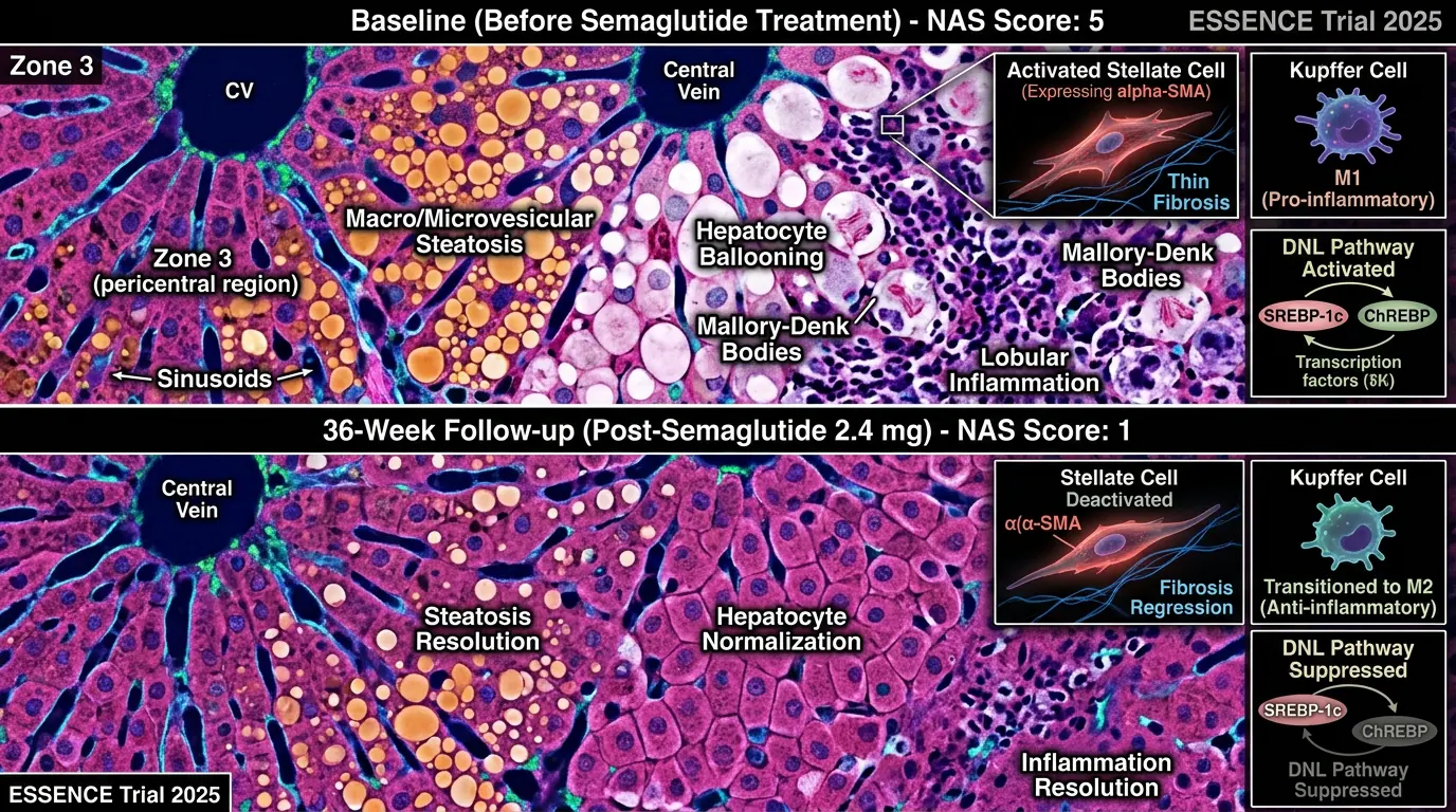 Hepatic lobule — semaglutide MASH effects. Illustration showing Liver histology improvements in ESSENCE programme.