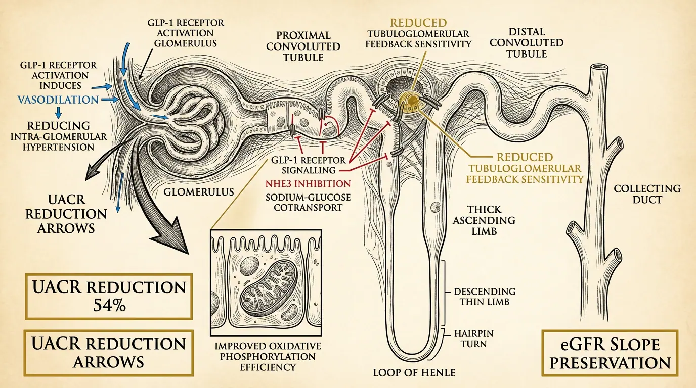 Nephron — GLP-1 receptor expression. Illustration showing Proximal tubule GLP-1R may mediate natriuresis and renoprotection.