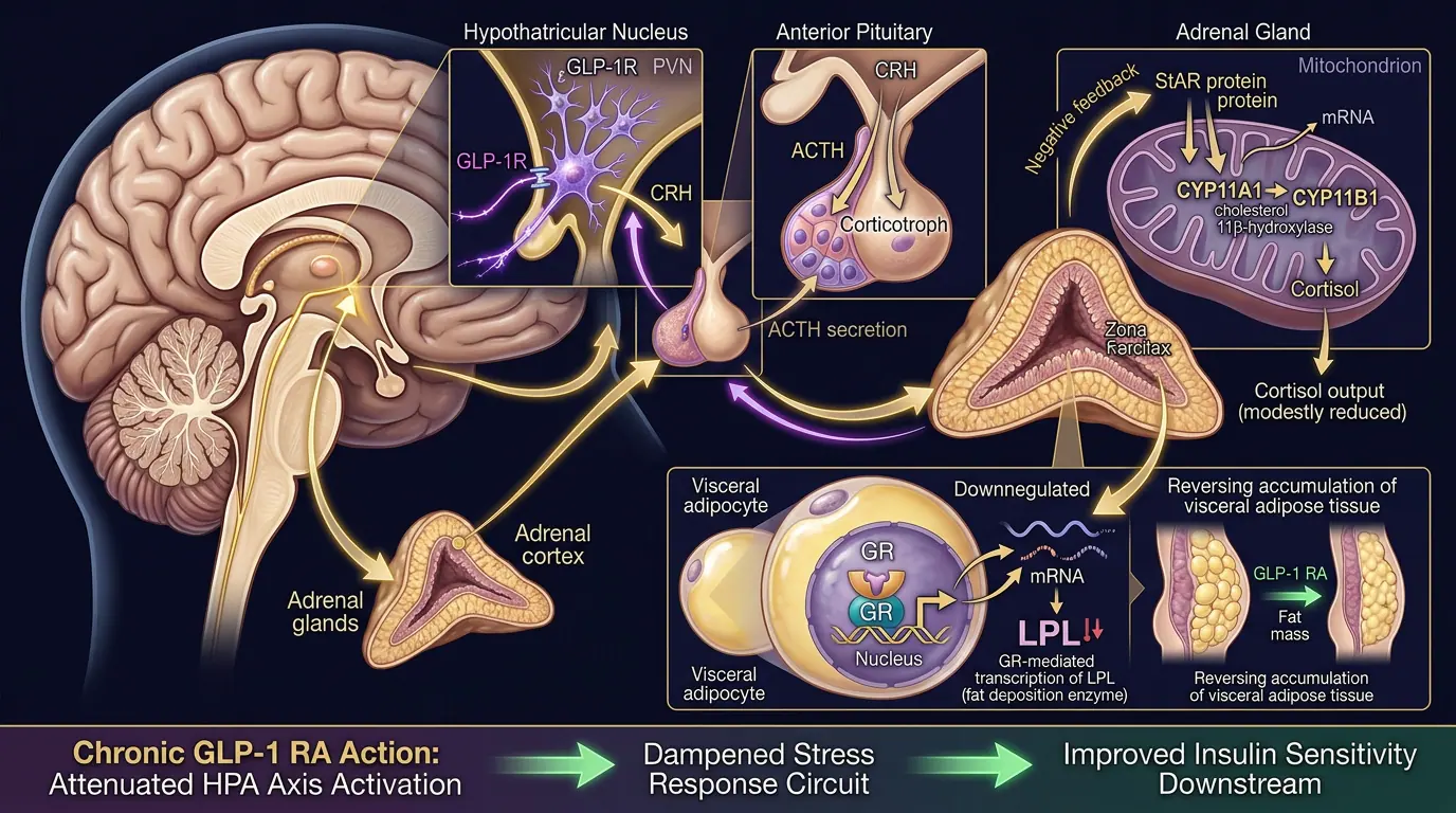 Neuroendocrine axis. Illustration showing Hypothalamic–pituitary–peripheral hormone integration.