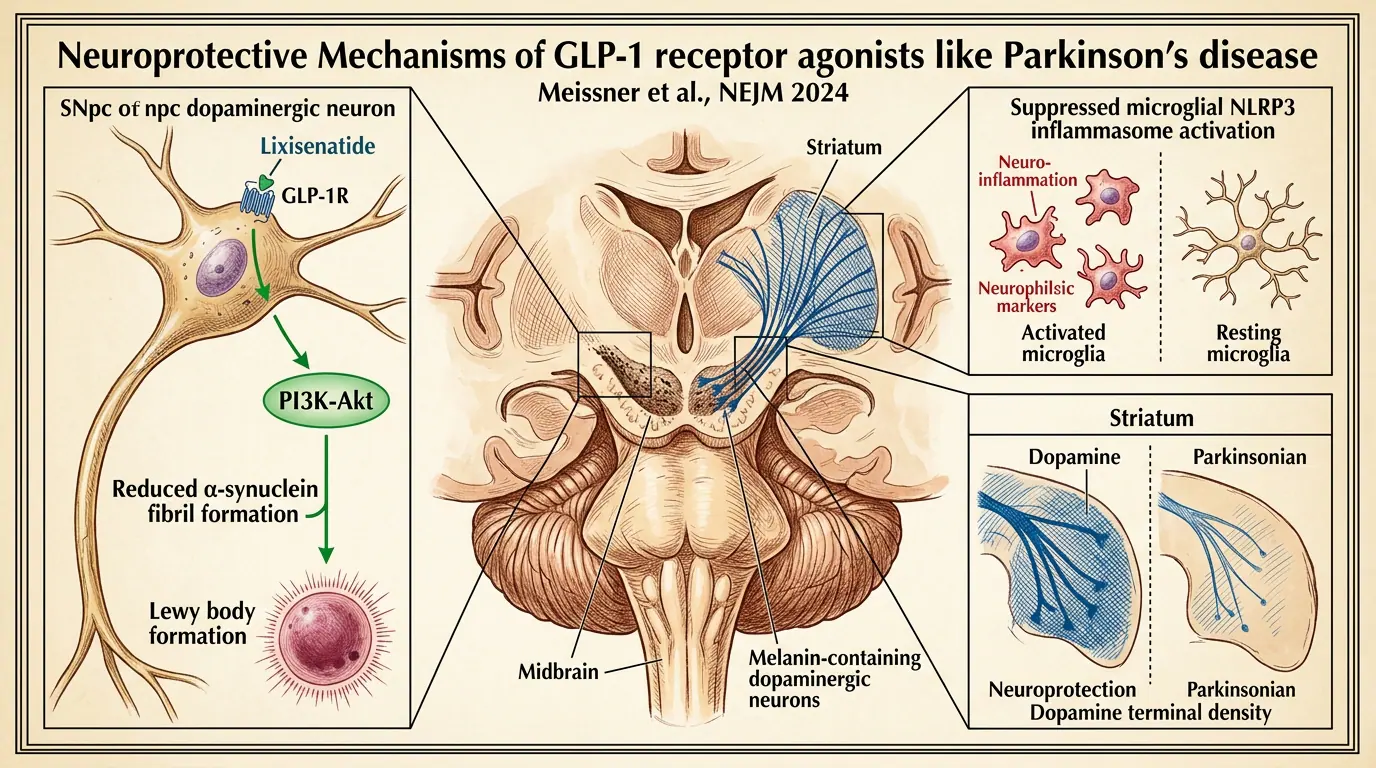 Neuroprotection — Parkinson disease research. Illustration showing Exploratory GLP-1 RA trials in neurodegeneration.