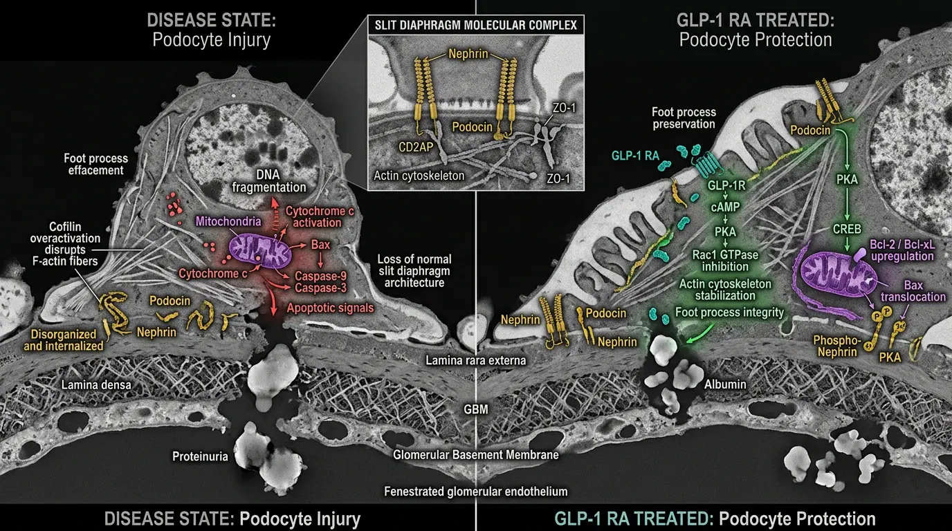 Podocyte and glomerular filtration barrier. Illustration showing Cellular level of albuminuria reduction mechanisms.