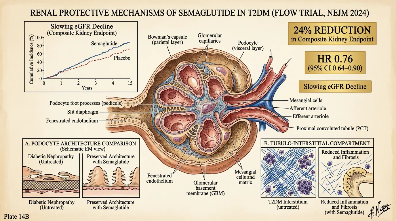 Renal physiology — FLOW trial context. Illustration showing Haemodynamic and structural renal endpoints in trials.