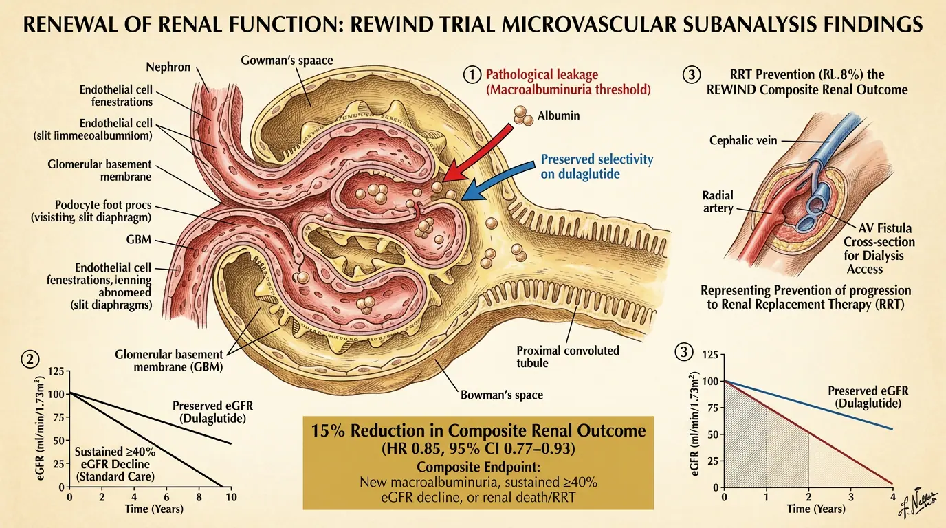 Diabetic kidney disease pathology. Illustration showing Glomerulosclerosis and albuminuria as treatment targets.