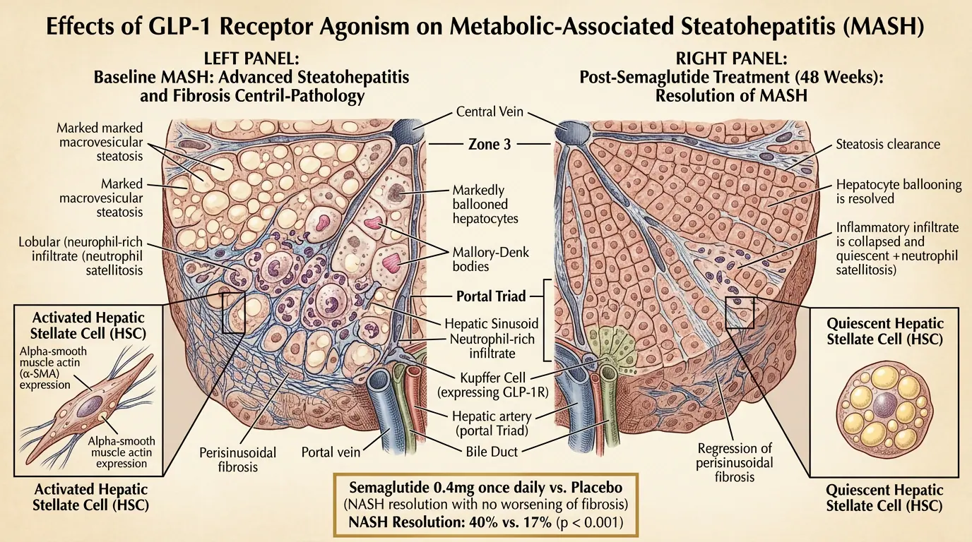 Semaglutide MASH histological outcomes. Illustration showing NASH resolution and fibrosis improvement data.